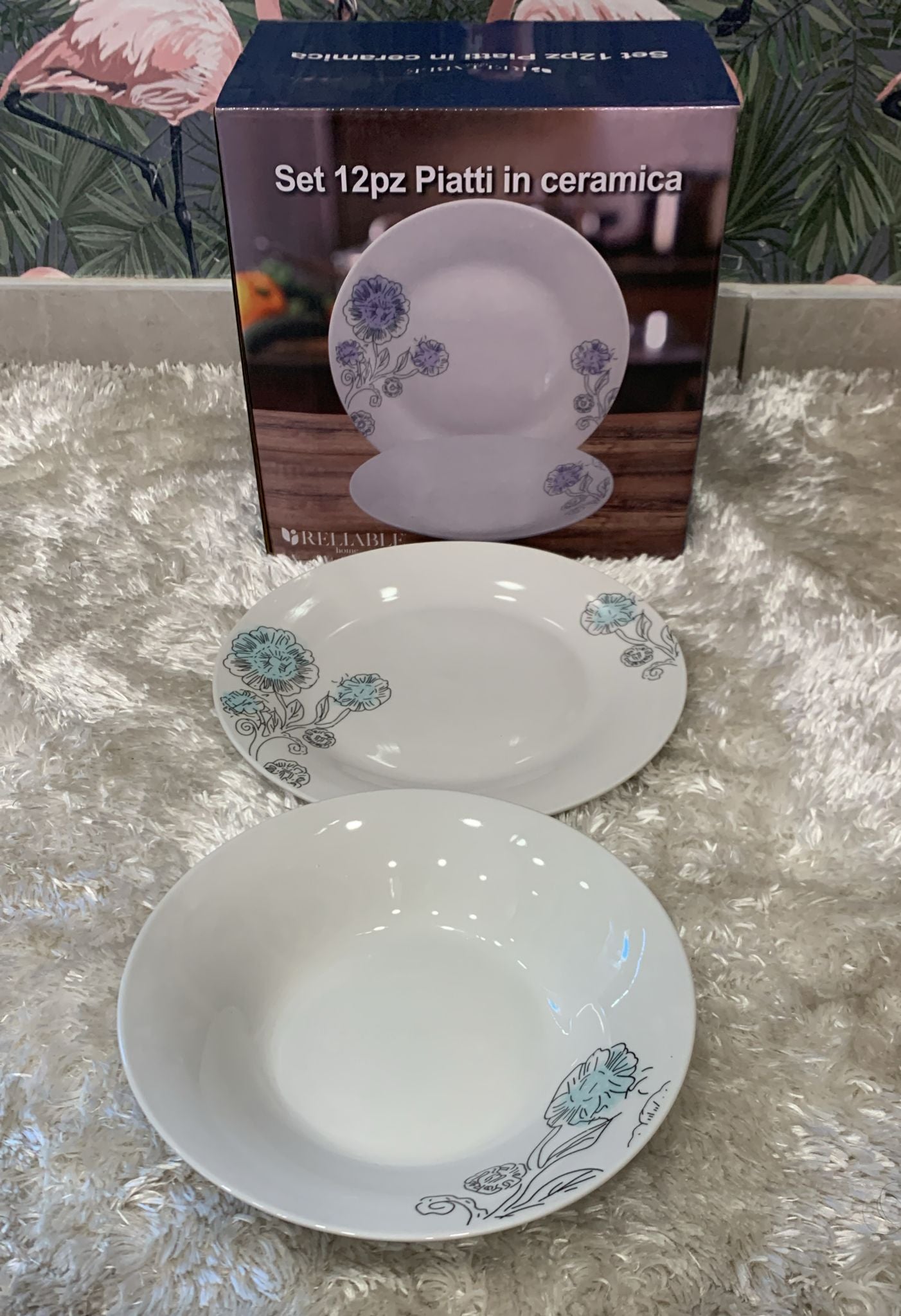 set 12 piatti in ceramica composto da  6 piatti piani 22.8cm  6 piatti fondi 20.3cm fantasia fiori