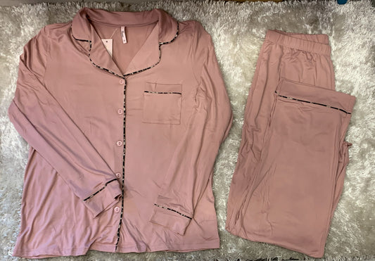 pigiama donna aperto avanti tinta unita cotone elasticizzato con taschino lato cuore e righino leopardato