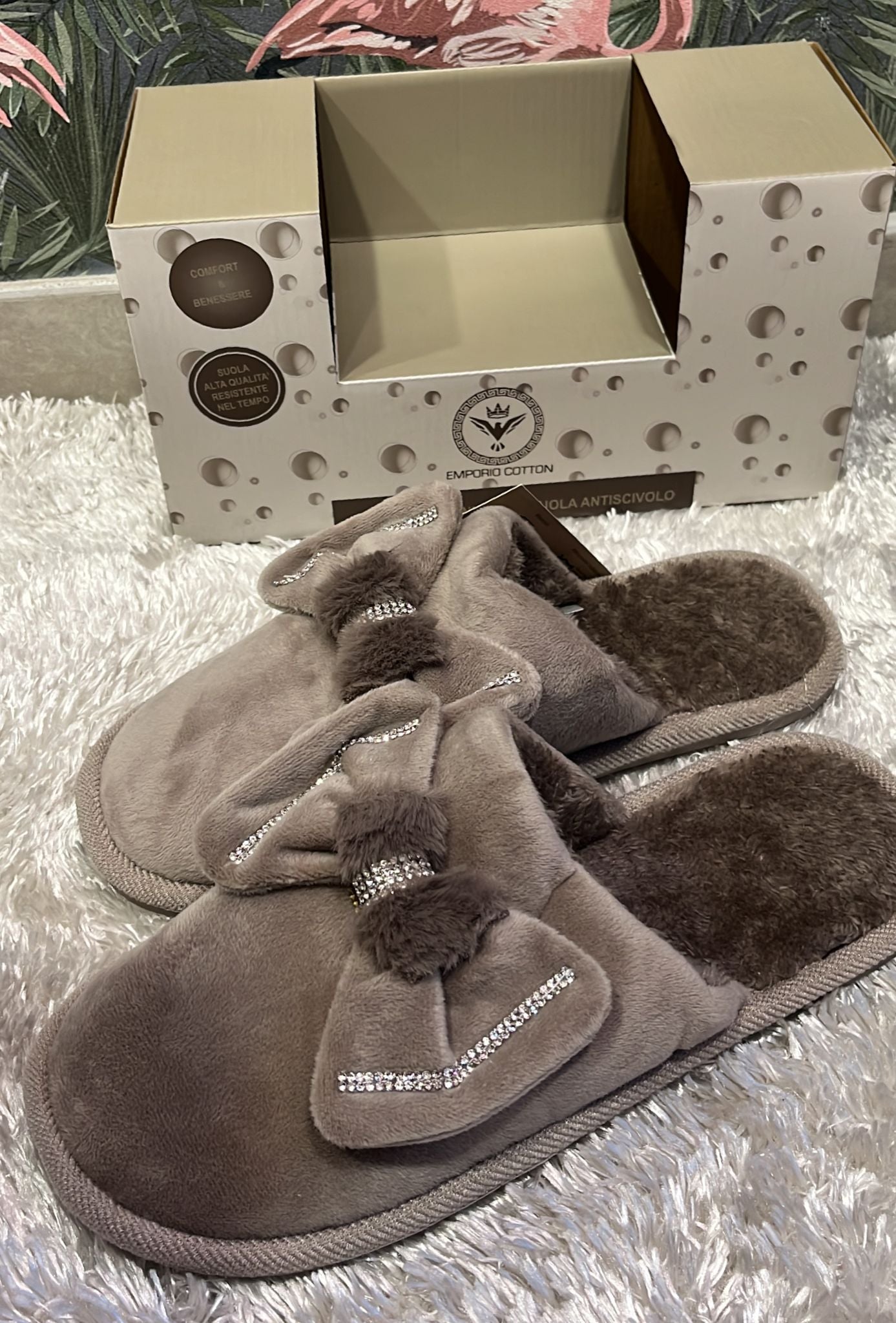 Pantofole scatolate donna con suola antiscivolo super comode e calde con fiocco in rilievo
