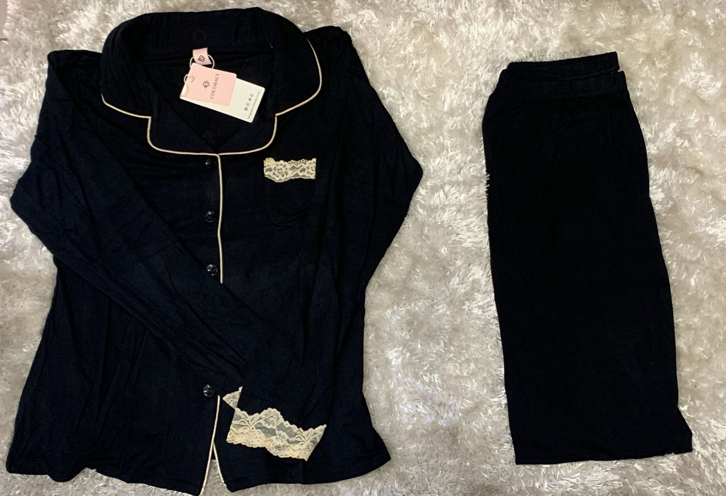 pigiama donna aperto avanti cotone elasticizzato con taschino lato cuore tinta unita con pizzo