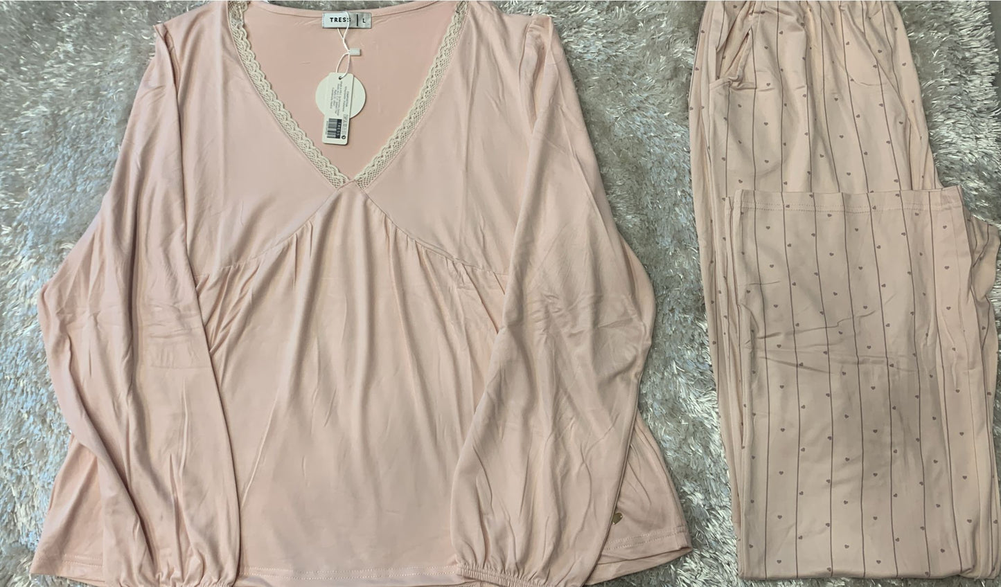 Pigiama donna scollo v con merletto e manica sbuffo e pantaloni con tasche in cotone elasticizzato ( l'articolo non può essere cambiato )