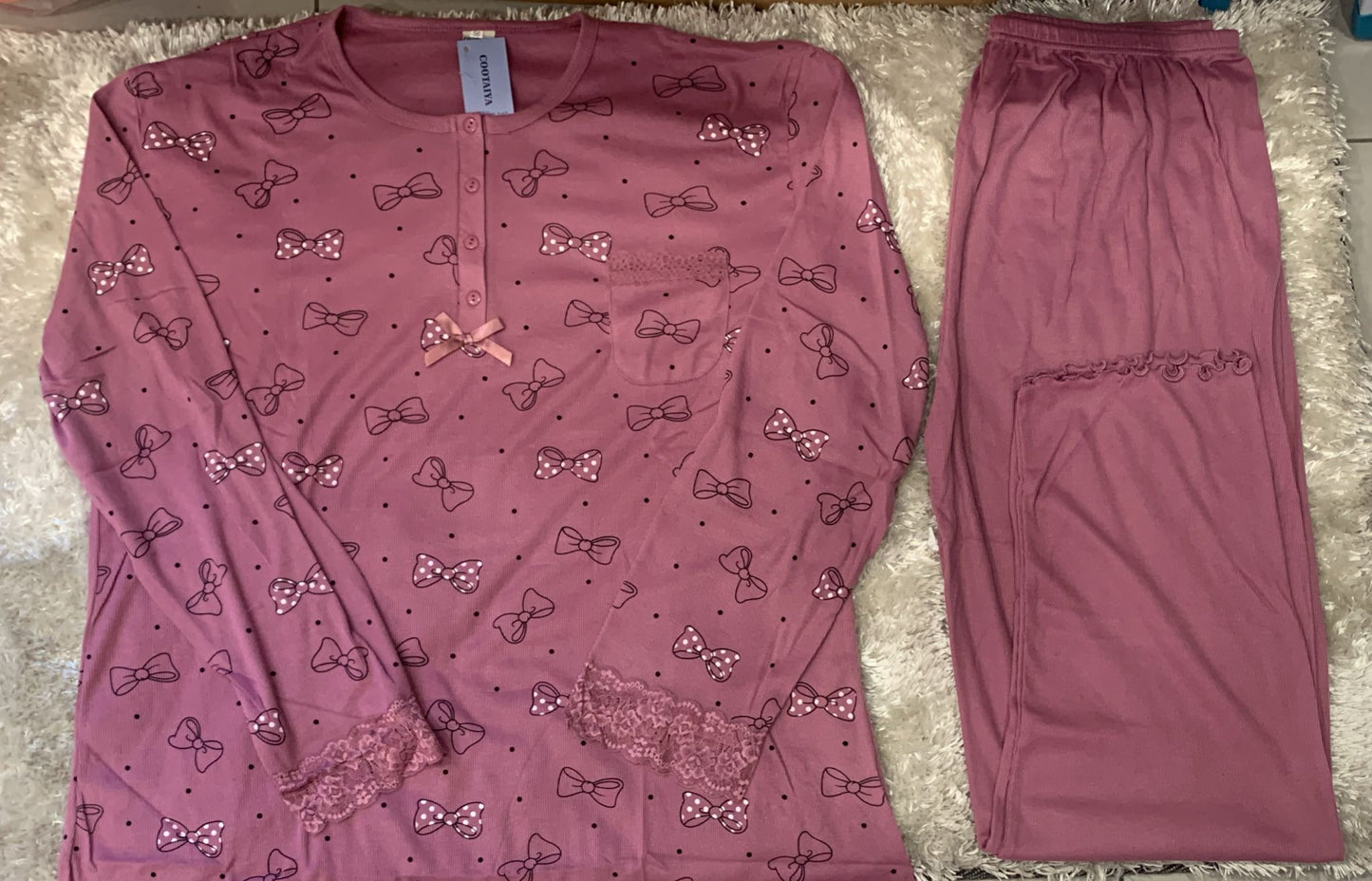 pigiama donna a costine con 4 bottoncini  taglie calibrate  fantasia fiocchi