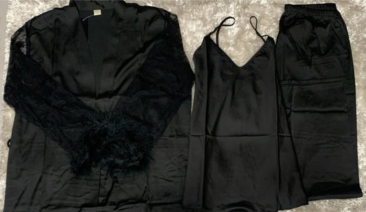pigiama tre pezzi donna raso composto da vestaglia con cintura con maniche in pizzo e piume canotta e pantalone