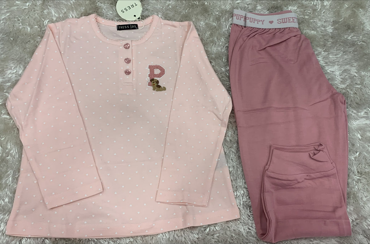 pigiama bimba girocollo in cotone elasticizzato con 3 bottoncini e pantaloni con elastico esterno fantasia fantasia cuori e barboncino