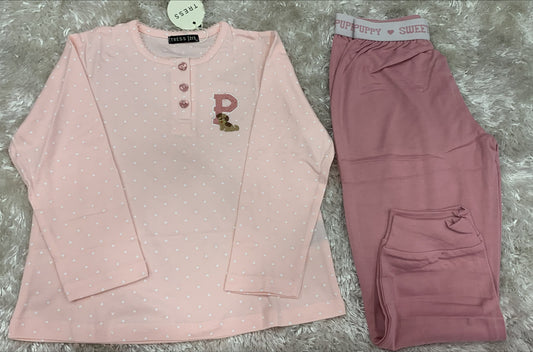 pigiama bimba girocollo in cotone elasticizzato con 3 bottoncini e pantaloni con elastico esterno fantasia fantasia cuori e barboncino