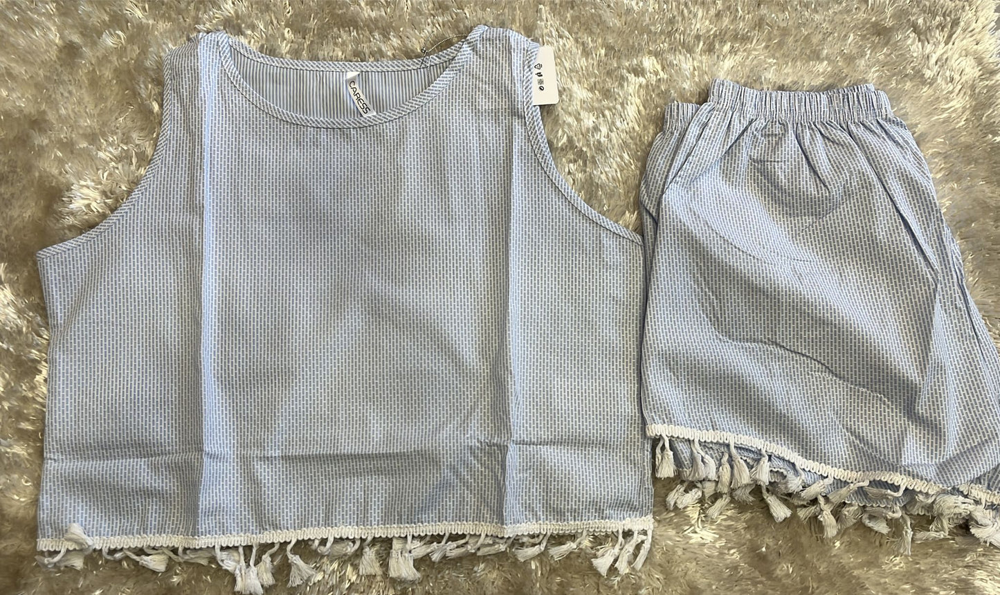 Pigiama donna in cotone spalla larga e pantaloncini con nappine