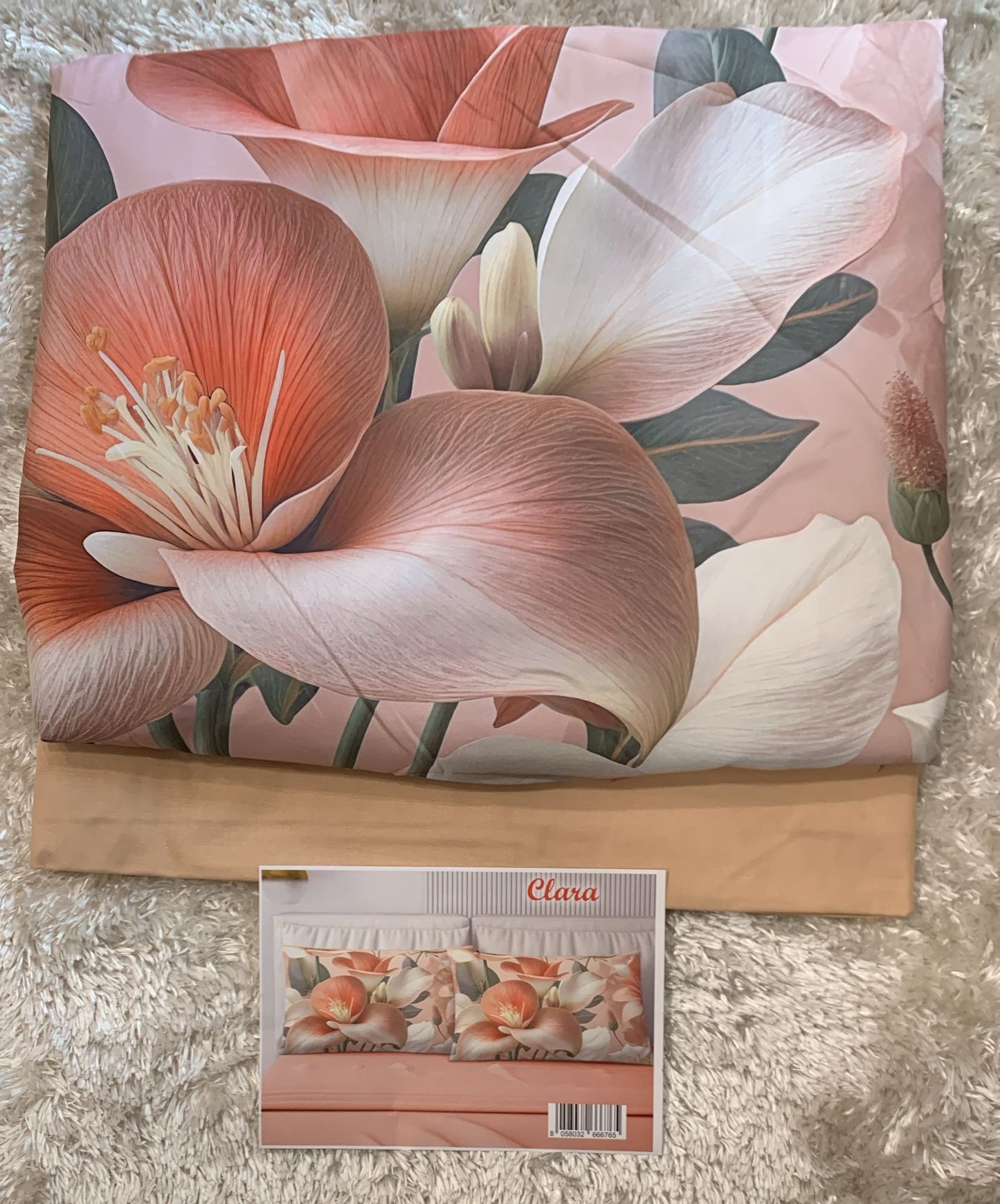 Competo letto matrimoniale in puro cotone con 4 federe fantasia Clara  Lenzuola sopra t unita 250x290cm Lenzuola sotto t unita con angoli maxi 175x200 cm 2 federe t unita in puro cotone 52x82 2 federe stampa digitale poliestere 50x80cm