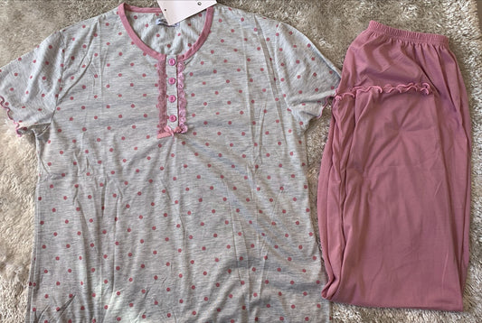 pigiama donna mezza manica e pantalone lungo in cotone  con quattro bottoncini  fantasia pois