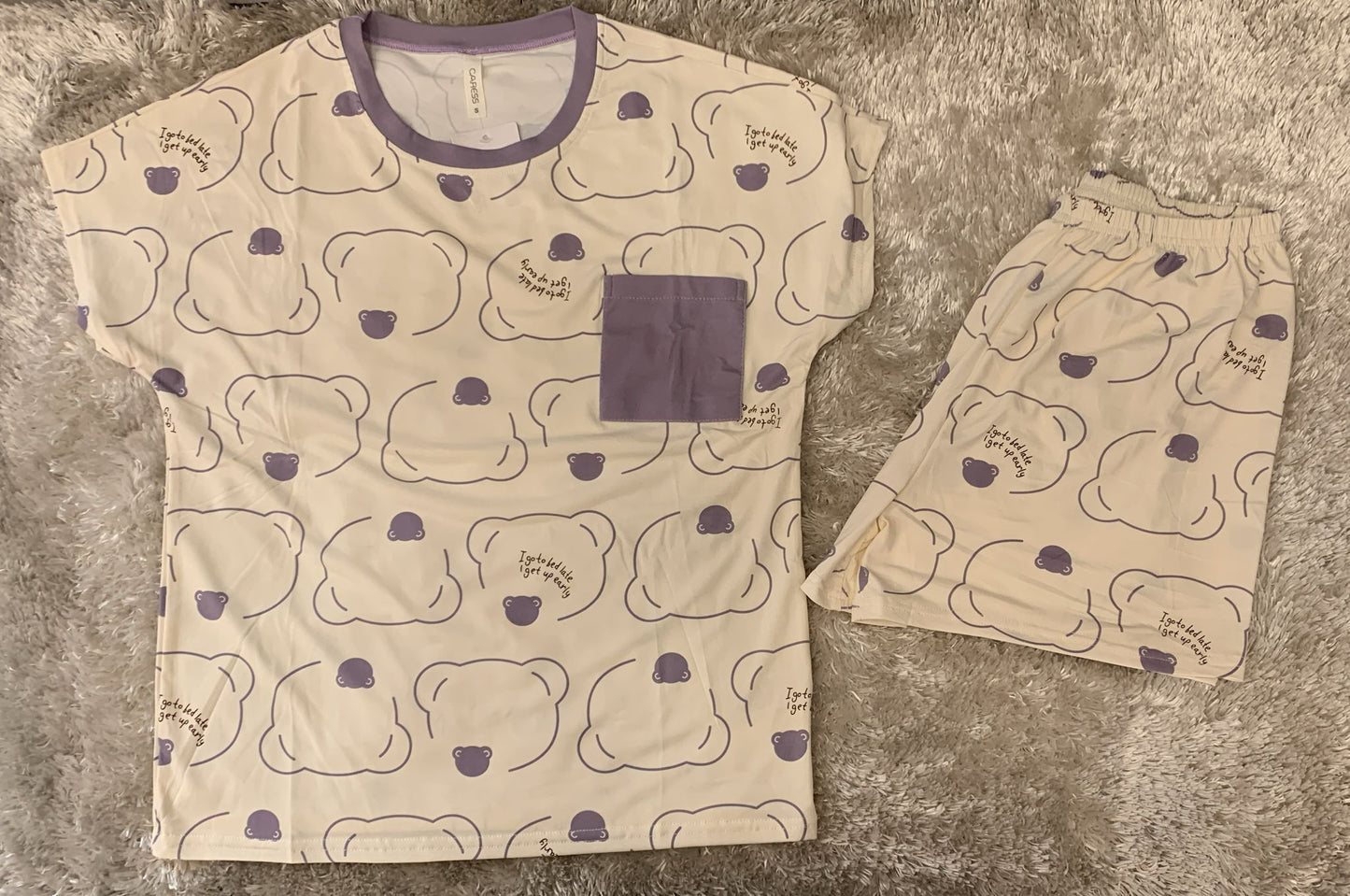 Pigiama donna in cotone elastico mezza manica e pantaloncini con taschino lato cuore  fantasia orsetto