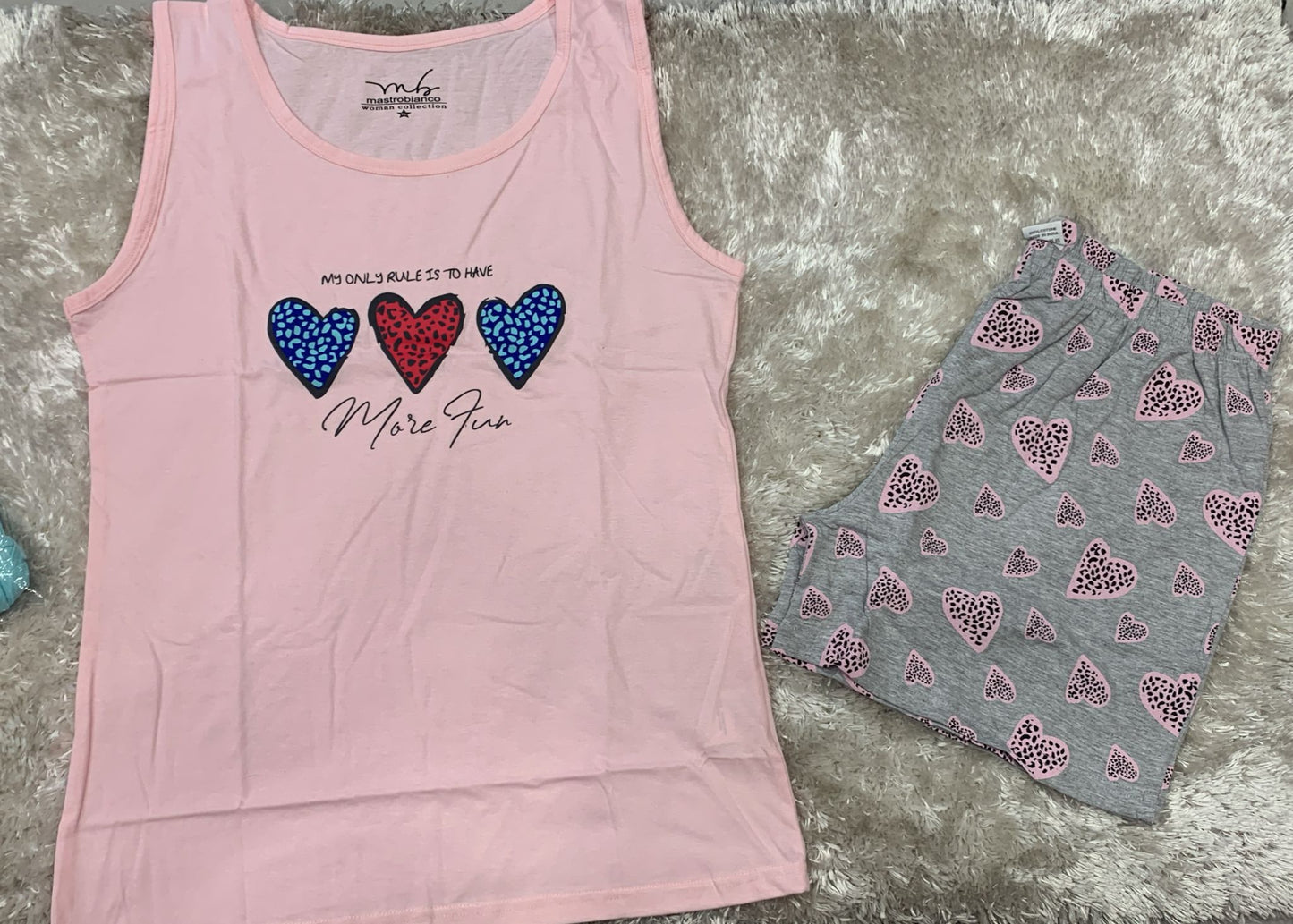 pigiama donna in cotone spalla larga e pantaloncini fantasia cuori