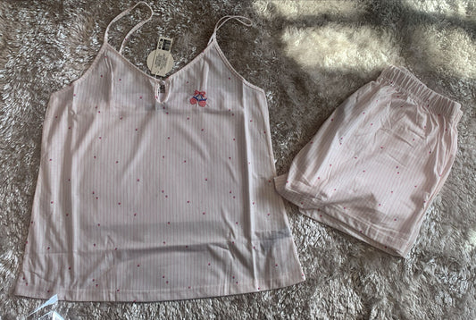 pigiama donna in cotone con bretellina e pantaloncini con tasche  fantasia fragoline