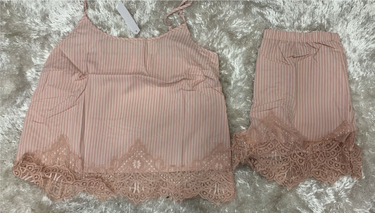 pigiama donna bretellina e pantaloncini con rifiniture in merletto in cotone