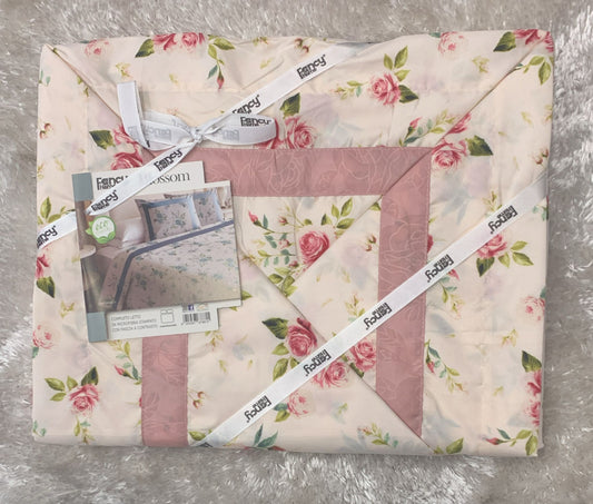 completo letto matrimoniale stampato con fascia a contrasto in microfibra fantasia rose