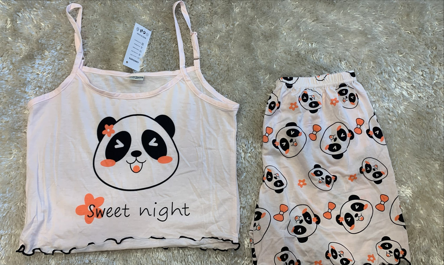 pigiama donna bretellina  crop top e pantaloncini  fantasia panda