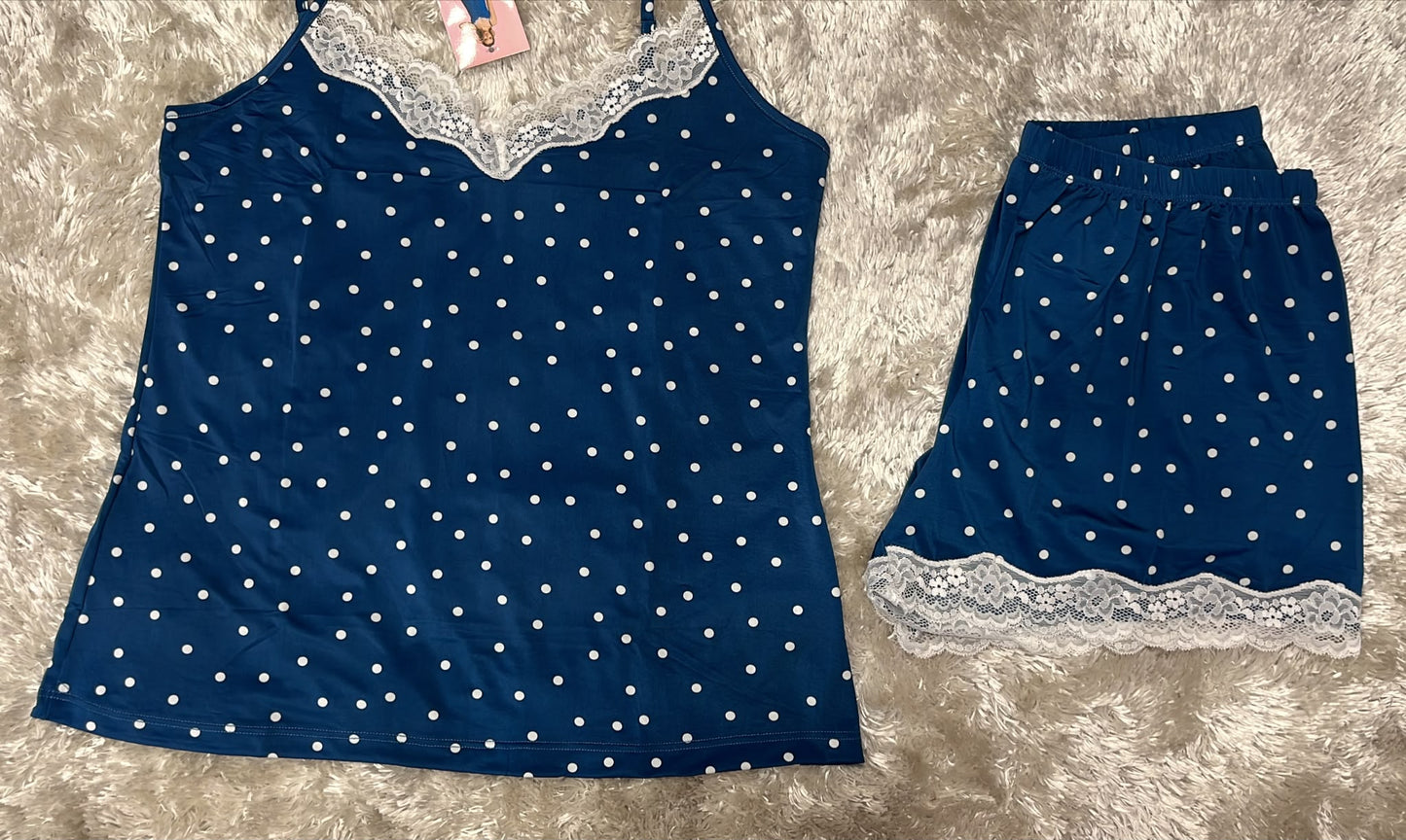 Pigiama donna bretellina e pantaloncini in Licra con rifiniture in merletto  Fantasia pois