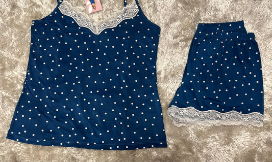 Pigiama donna bretellina e pantaloncini in Licra con rifiniture in merletto  Fantasia pois