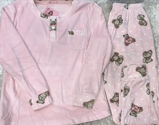 pigiama donna in ciniglia girocollo con taschino lato cuore  fantasia orsetto