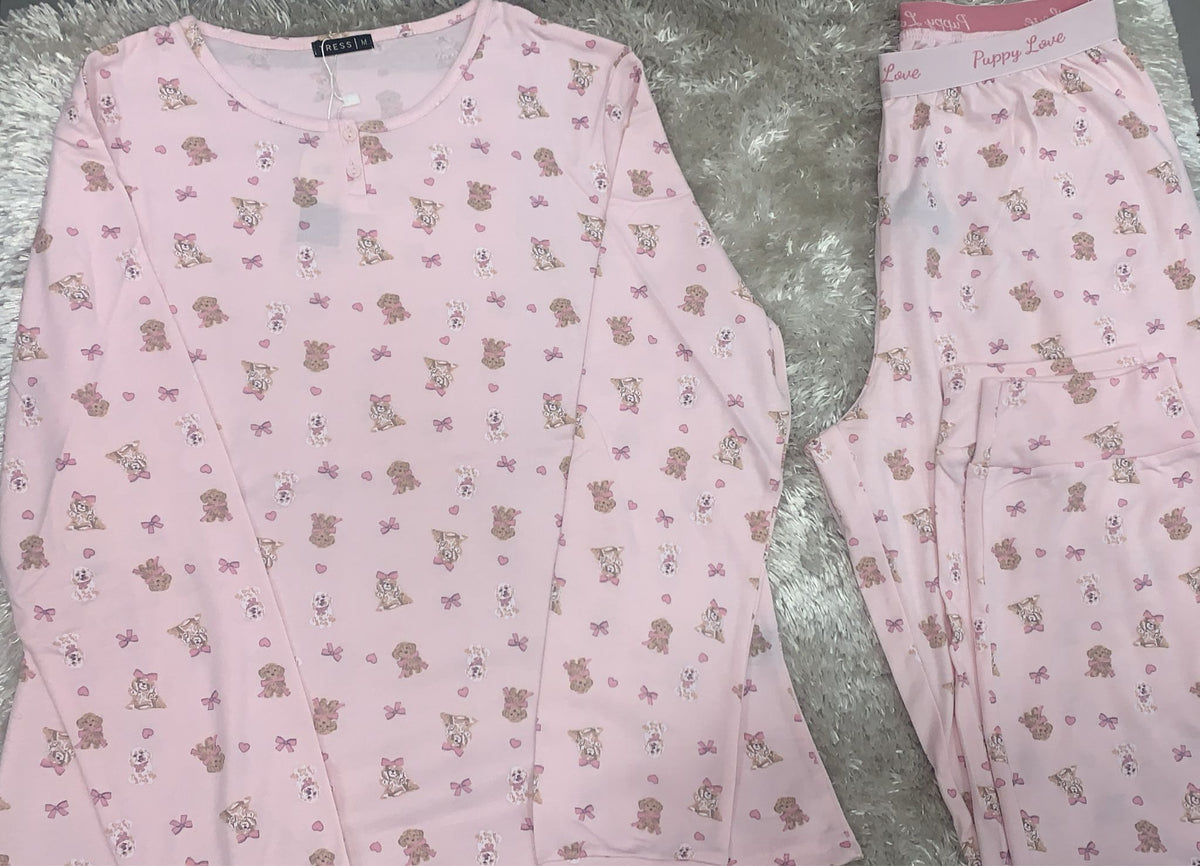 pigiama donna in cotone girocollo con due bottoncini e pantaloni con elastico esterno  fantasia cani