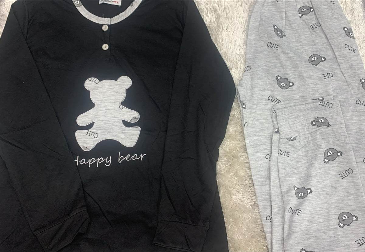 pigiama donna in cotone girocollo con 2 bottoncini  fantasia  orsetto happy