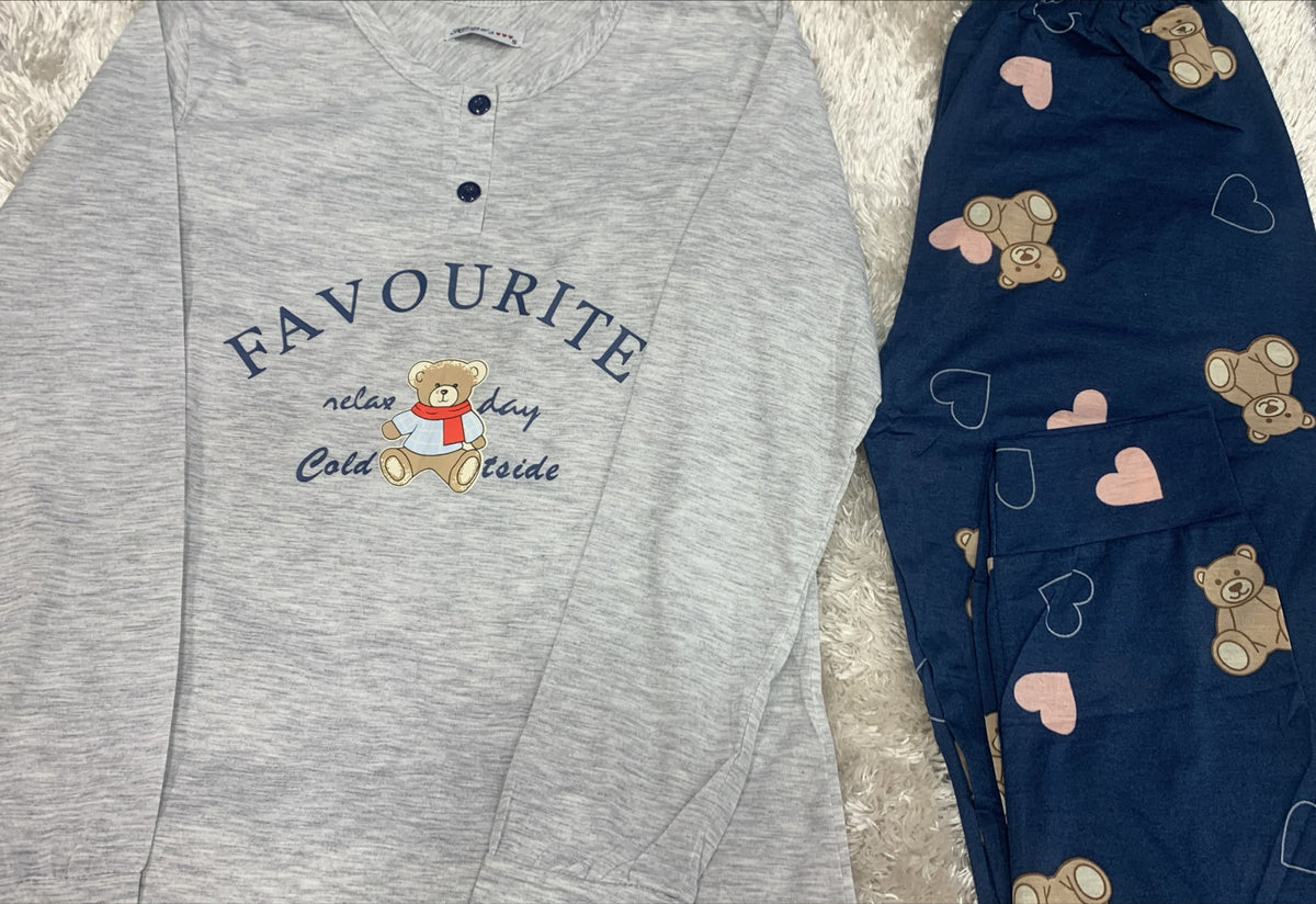 pigiama donna in cotone girocollo con 2 bottoncini  fantasia orsetto favorite