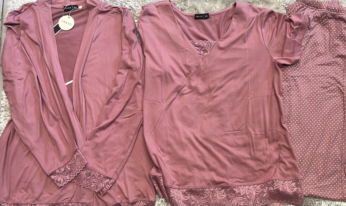 Tre pezzi donna composto da maglia a mezza manica pantaloni e vestaglia in cotone elasticizzato