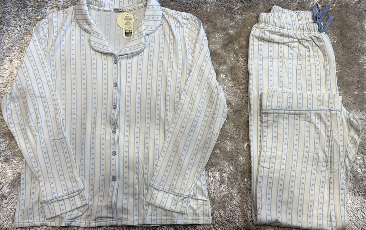 Pigiama donna aperto avanti caldo cotone felpato e pantaloni con laccio in vita  Fantasia cuoricini