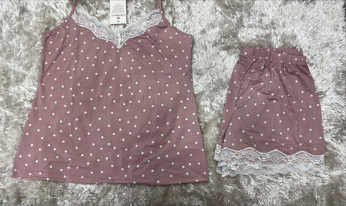 Pigiama donna bretellina e pantaloncini in Licra con rifiniture in merletto  Fantasia pois