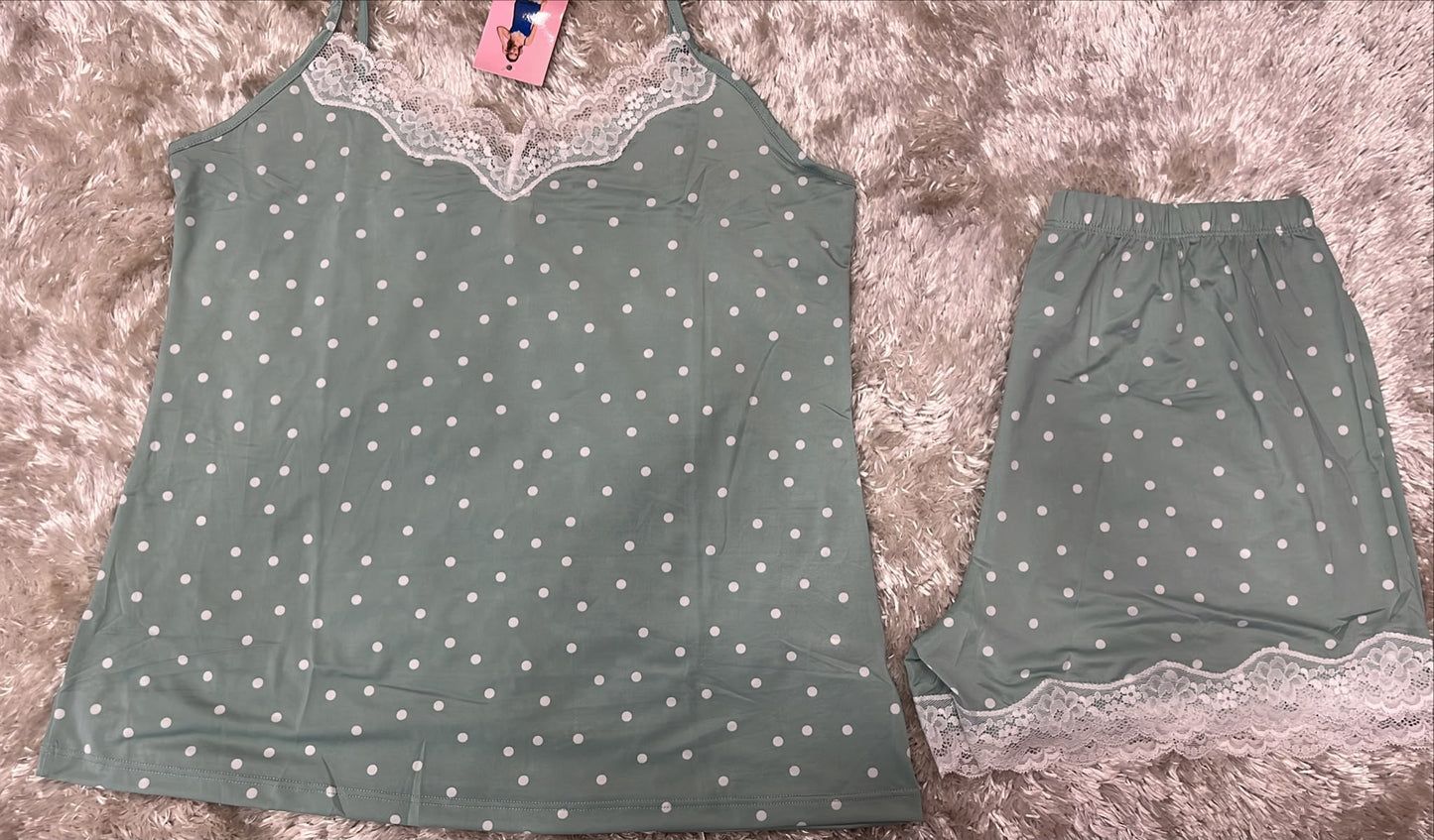 Pigiama donna bretellina e pantaloncini in Licra con rifiniture in merletto  Fantasia pois