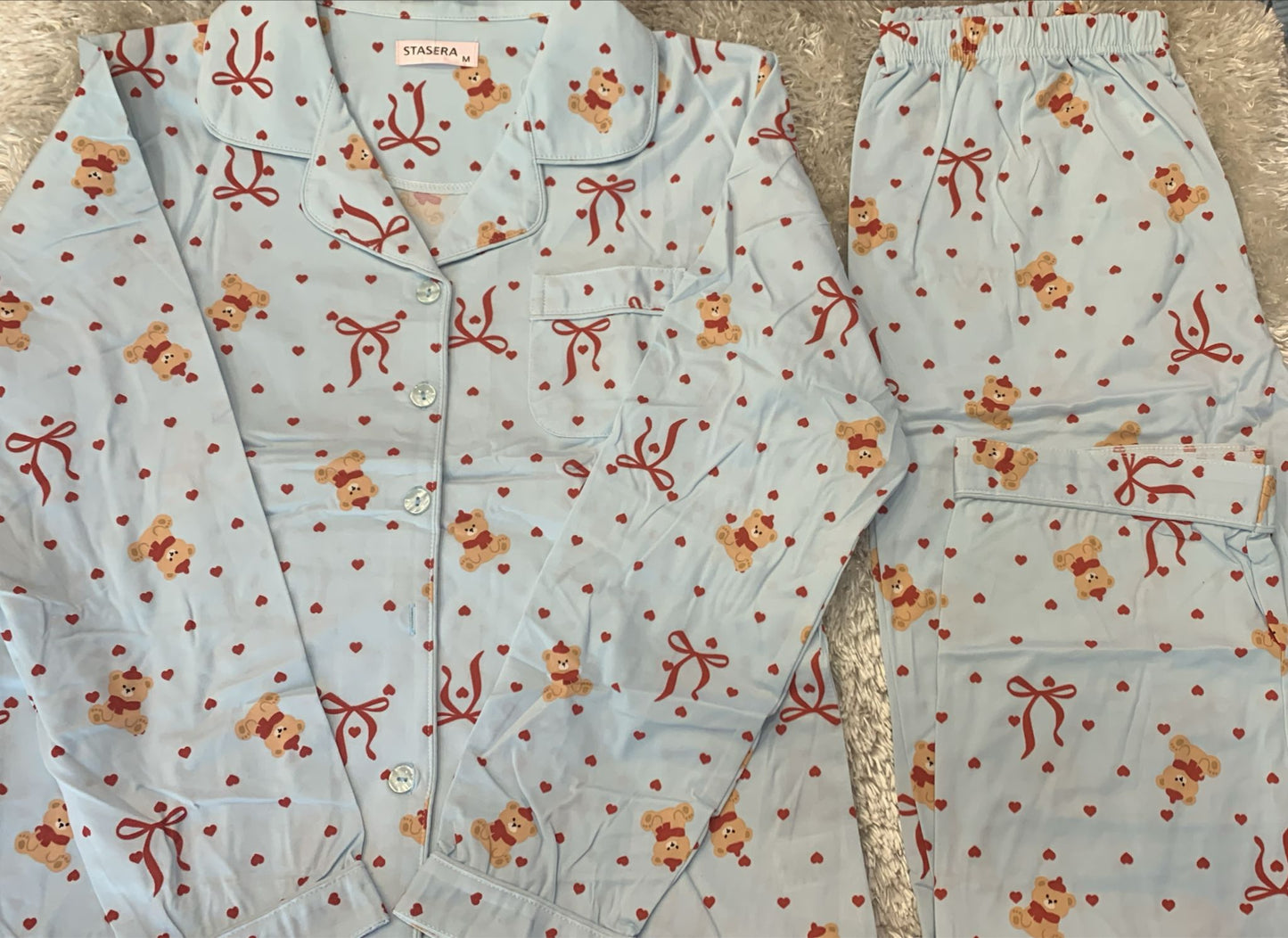 pigiama donna aperto avanti in cotone con taschino lato cuore  fantasia teddy e fiocchi