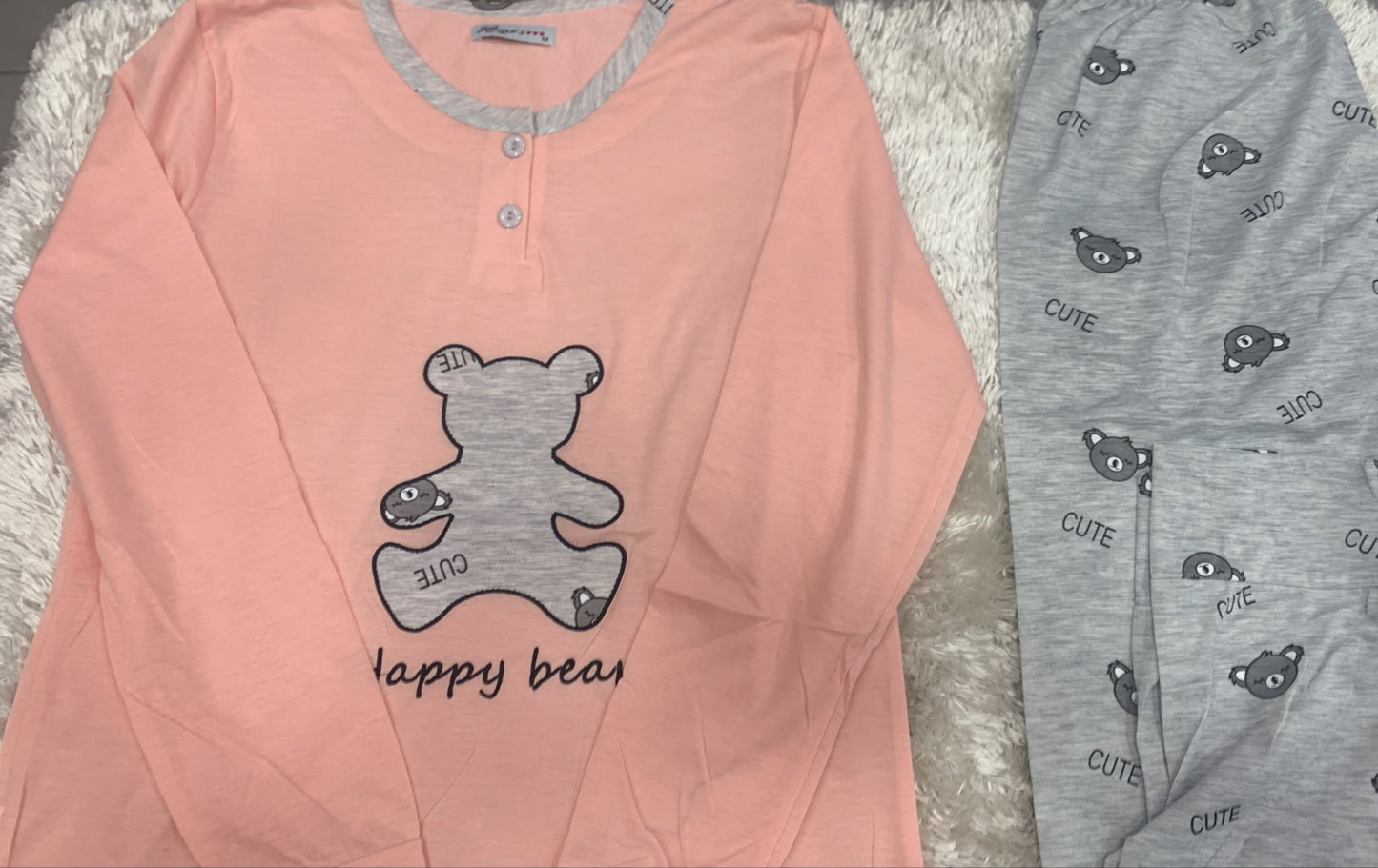pigiama donna in cotone girocollo con 2 bottoncini  fantasia  orsetto happy