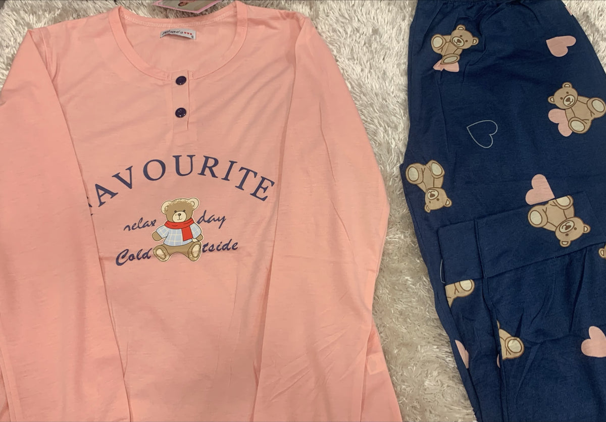 pigiama donna in cotone girocollo con 2 bottoncini  fantasia orsetto favorite