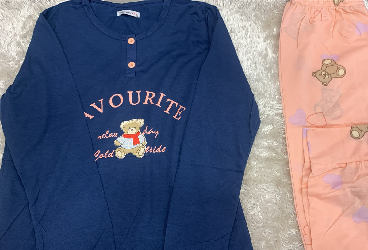 pigiama donna in cotone girocollo con 2 bottoncini  fantasia orsetto favorite