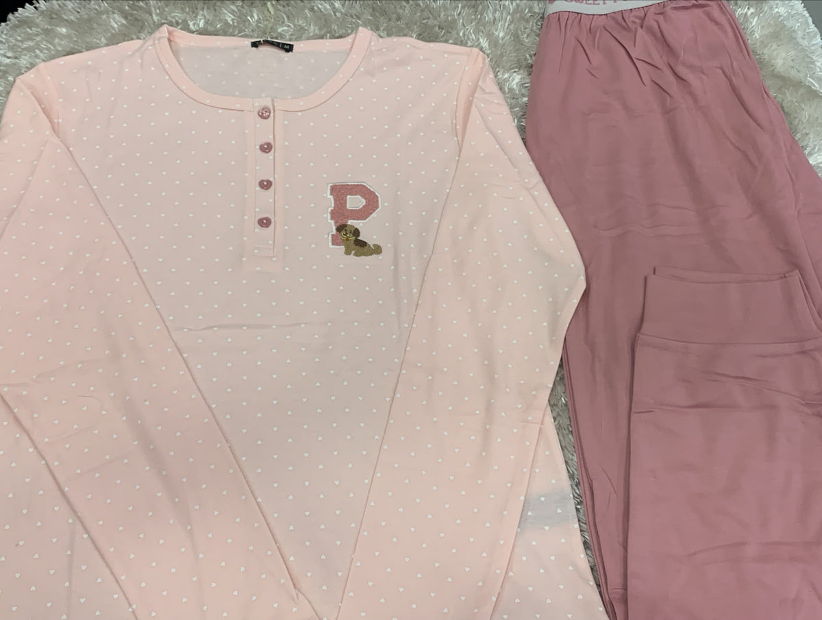 pigiama donna girocollo in cotone elasticizzato con apertura 4 bottoncini e pantaloni con elastico esterno  fantasia  barboncino e cuori