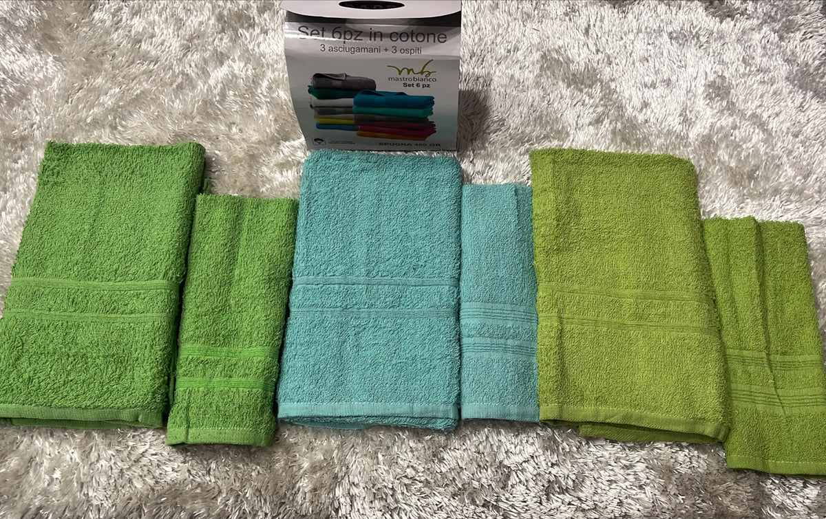 Set valigetta 3+3 composto da 3 asciugamani in spugna 450g viso 50x90 ospite 30x50 cm  Disponibile nei seguenti colori