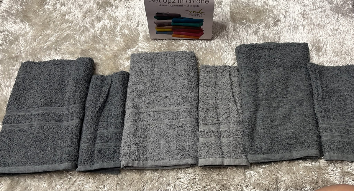 Set valigetta 3+3 composto da 3 asciugamani in spugna 450g viso 50x90 ospite 30x50 cm  Disponibile nei seguenti colori