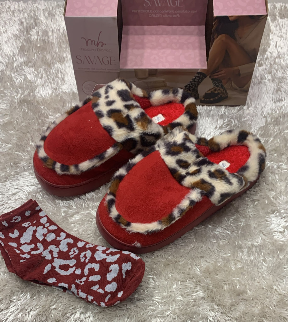 Pantofole donna in pelliccia con gomma antiscivolo + calzino in omaggio  fantasia leopardata