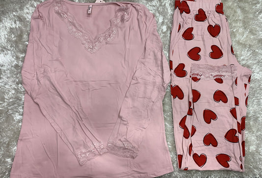 pigiama donna aperto avanti con scollo v e merletto con maglia tinta unita e pantaloni con cuoricini in cotone elasticizzato ( l'articolo non può essere cambiato )