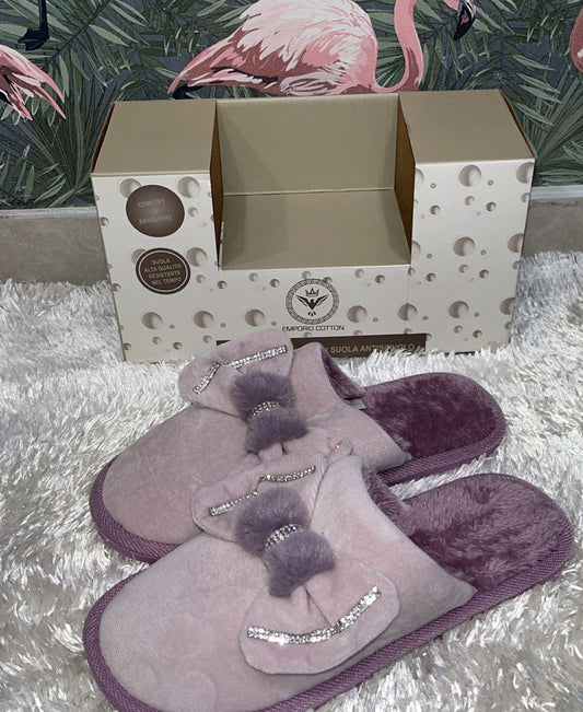 Pantofole scatolate donna con suola antiscivolo super comode e calde con fiocco in rilievo