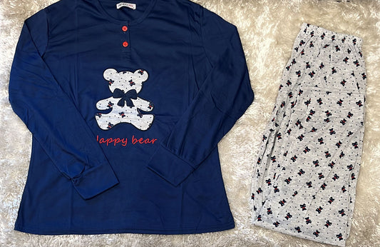 Pigiama donna in cotone con due bottoncini e pantalone con polsini  Fantasia happy bear