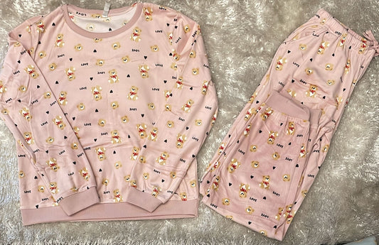 Pigiama in ciniglia donna super morbido e caldo con pantalone con tasche fantasia orsetti love