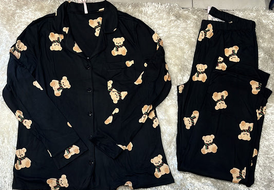 Pigiama donna cotone elasticizzato aperto avanti con taschino lato cuore  Fantasia teddy con sciarpa