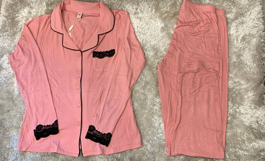pigiama donna aperto avanti cotone elasticizzato con taschino lato cuore tinta unita con pizzo