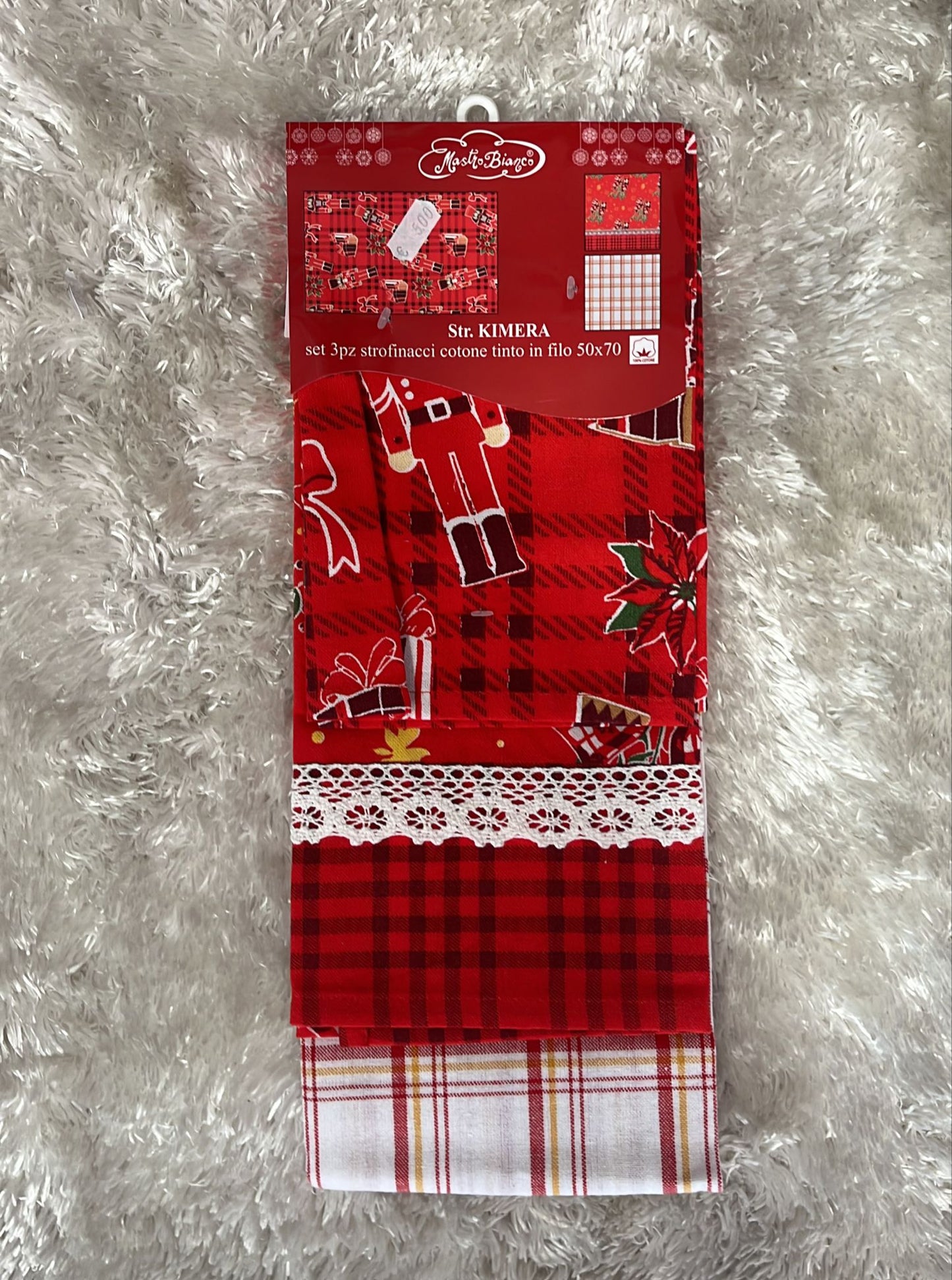 Set 3 pezzi strofinacci natalizi  in cotone tinto un filo  50x70cm
