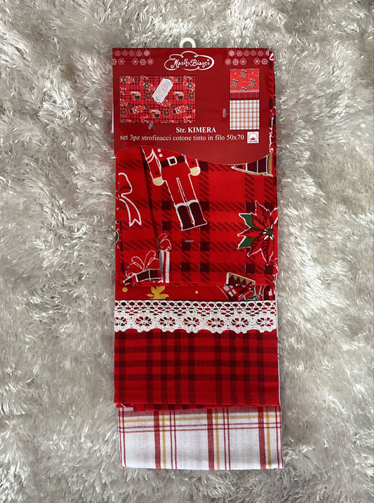Set 3 pezzi strofinacci natalizi  in cotone tinto un filo  50x70cm