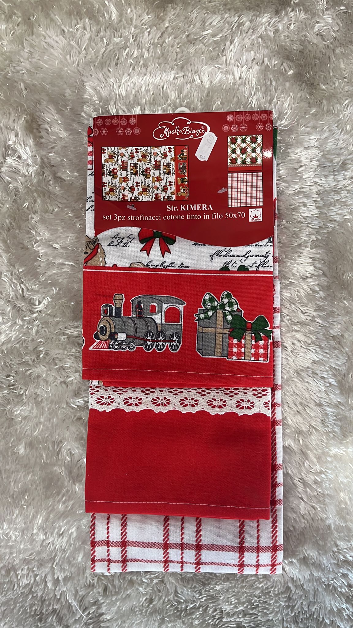 Set 3 pezzi strofinacci natalizi  in cotone tinto un filo  50x70cm