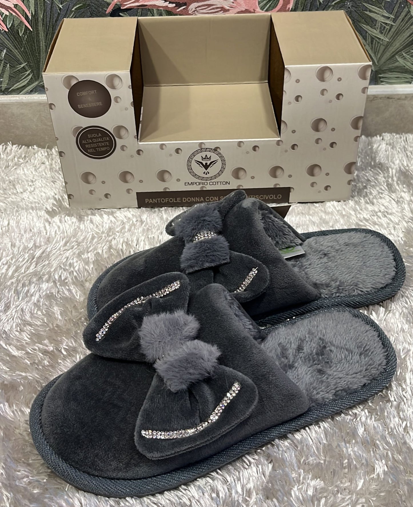 Pantofole scatolate donna con suola antiscivolo super comode e calde con fiocco in rilievo