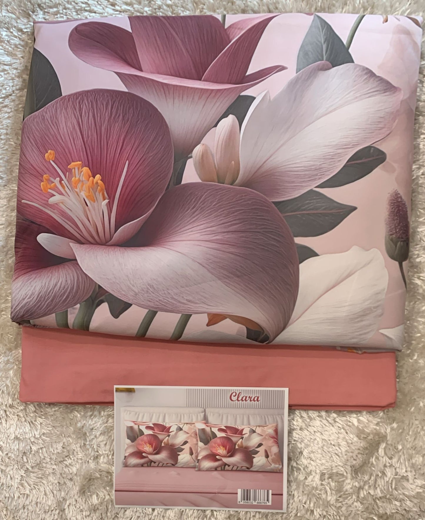 Competo letto matrimoniale in puro cotone con 4 federe fantasia Clara  Lenzuola sopra t unita 250x290cm Lenzuola sotto t unita con angoli maxi 175x200 cm 2 federe t unita in puro cotone 52x82 2 federe stampa digitale poliestere 50x80cm