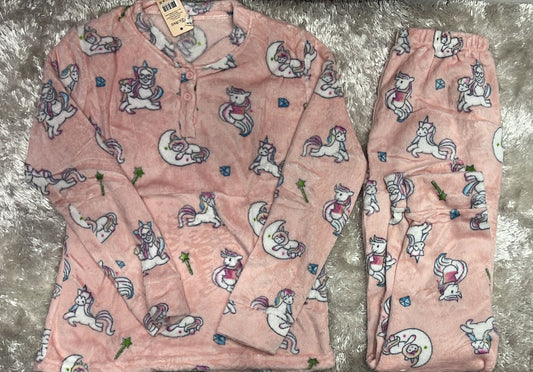Pigiama donna in morbida ciniglia caldo e morbido con 2 bottoncini  Fantasia unicorno