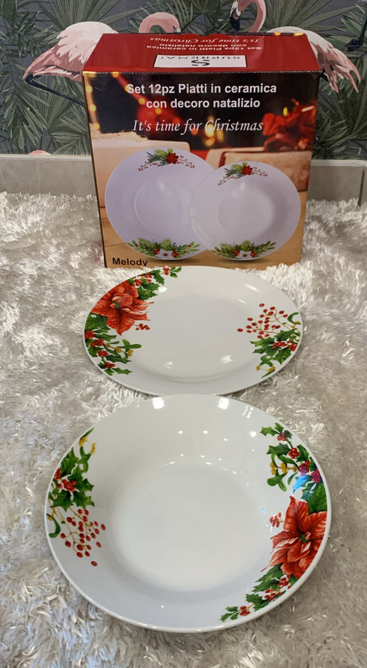 set 12 piatti in ceramica con decoro natalizio composto da  6 piatti piani 22.8cm  6 piatti fondi 20.3cm