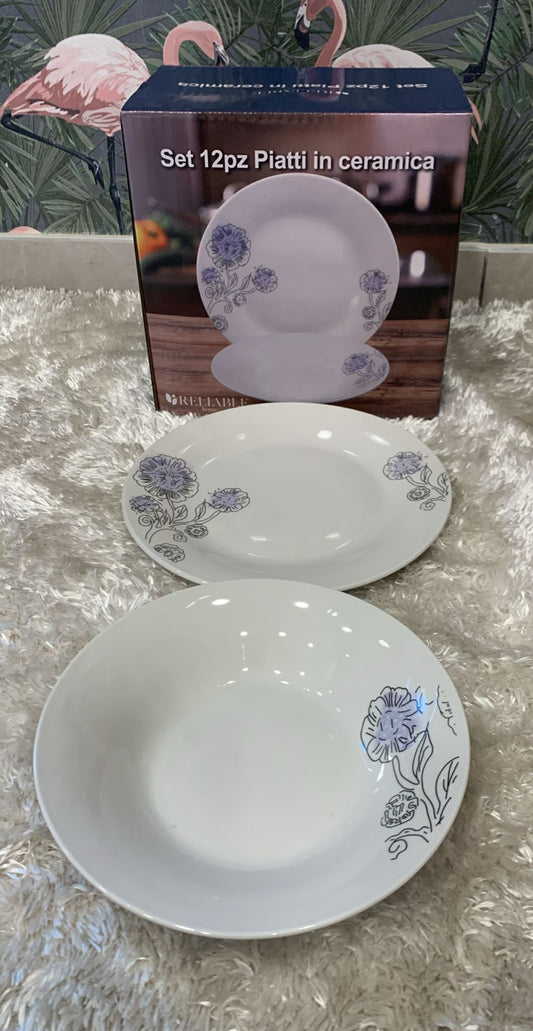set 12 piatti in ceramica composto da  6 piatti piani 22.8cm  6 piatti fondi 20.3cm fantasia fiori